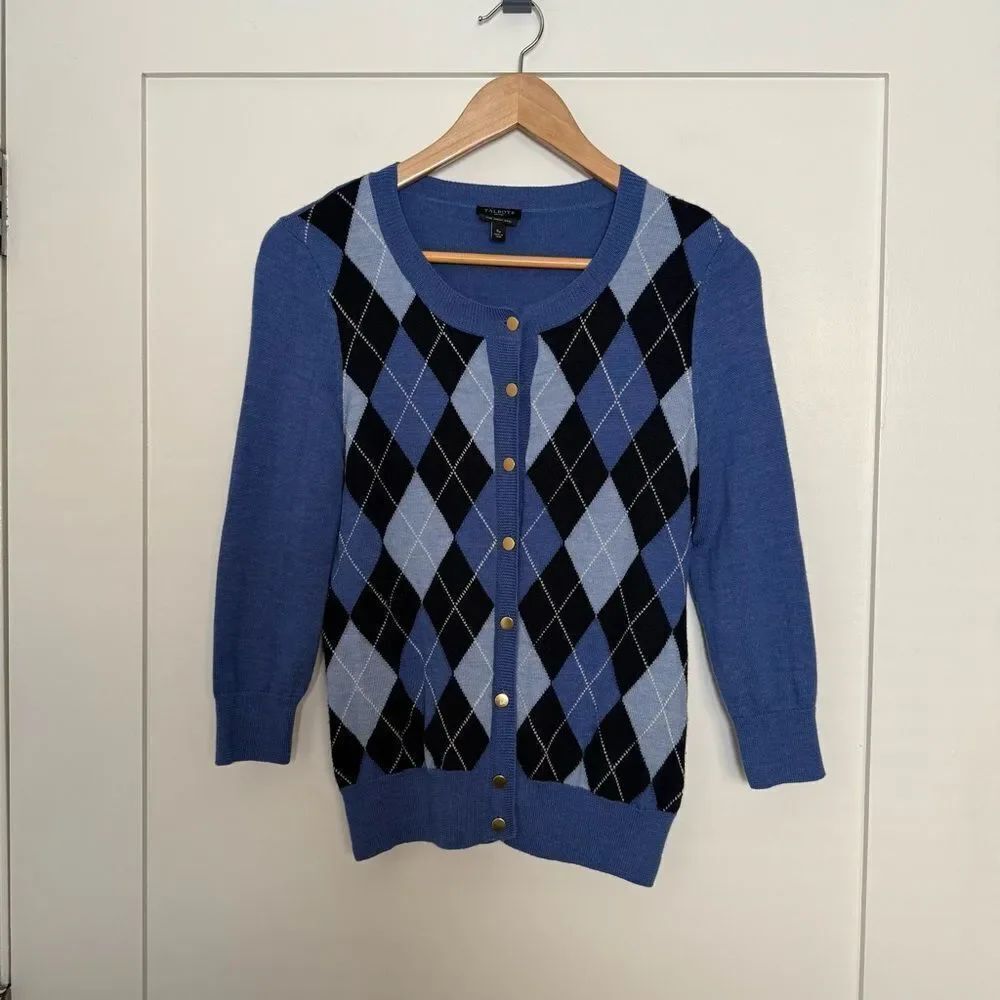 Talbots Cardigan Sweater Sz S Petite Blue Argyle 100% Merino Wool Office Preppy